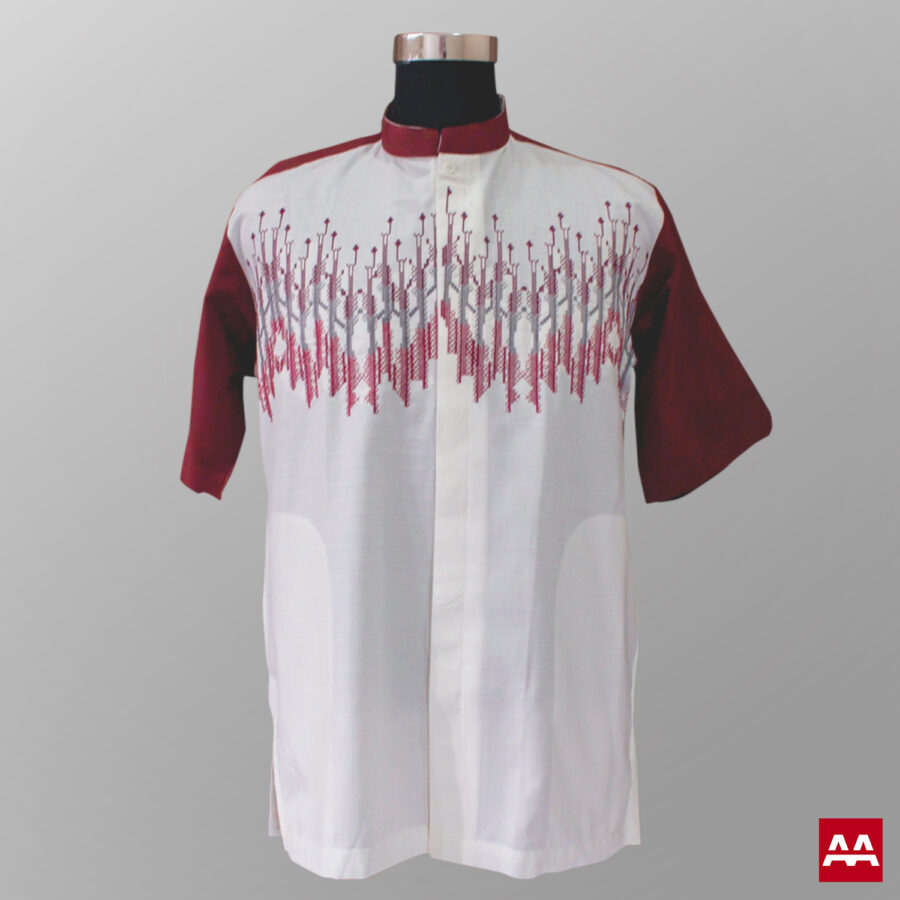 Al-Marih-Baju-Koko-Stripe-Maroon Baju koko modern trendi bordir warna merah marun terbaru